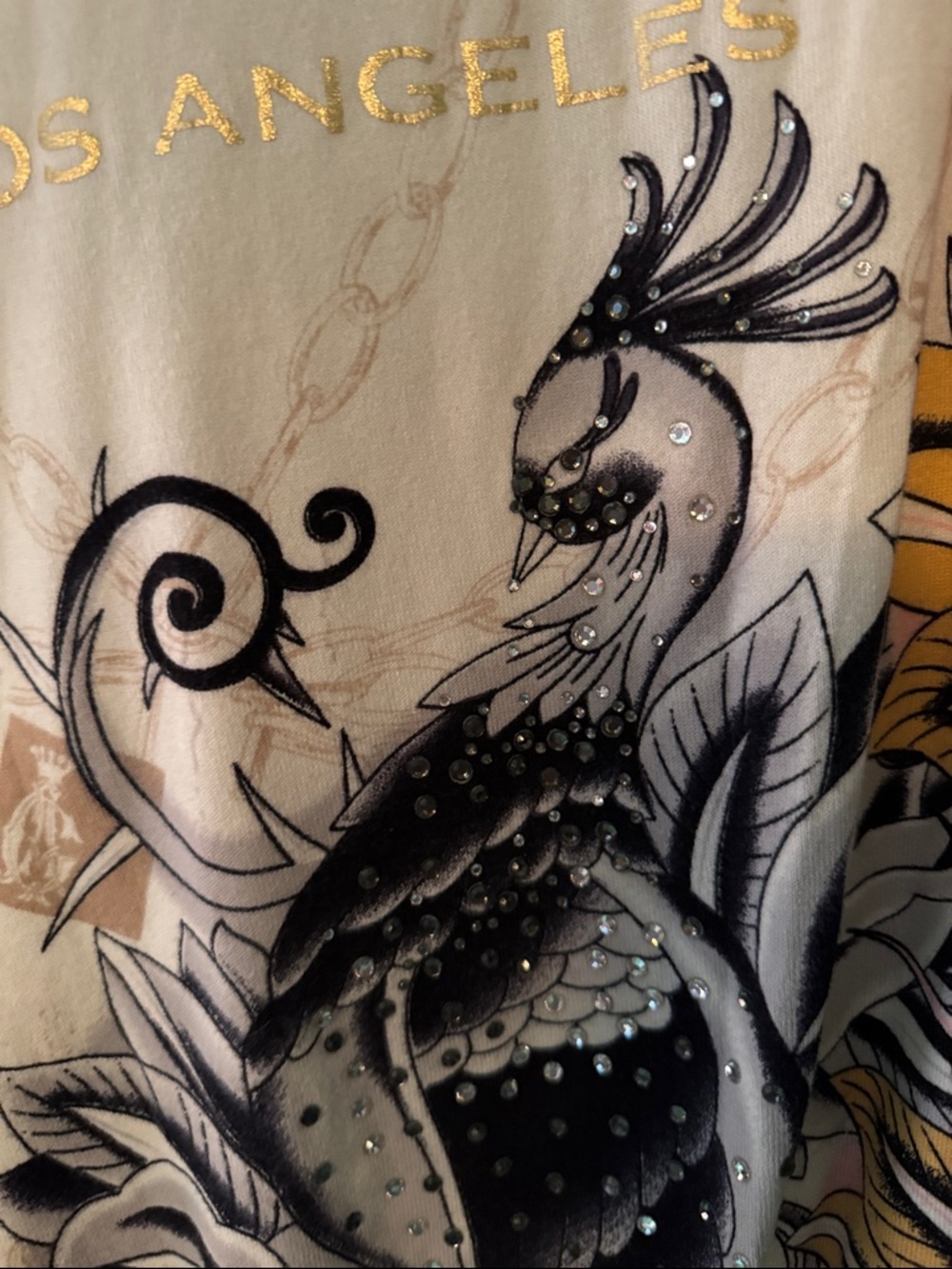 Christian Audigier Cream V-Neck Long Sleeve Top with Blue Peacock & Pink Roses - Picture 8 of 10